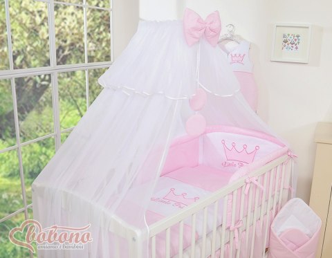 Bobono Duża moskitiera do łóżeczka dziecięcego z białego szyfonu z kółeczkami i kokardką - różowe zawieszki