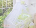 Bobono Duża moskitiera do łóżeczka dziecięcego z białego szyfonu z kółeczkami i kokardką -zielone zawieszki