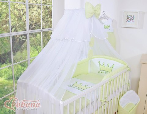 Bobono Duża moskitiera do łóżeczka dziecięcego z białego szyfonu z kółeczkami i kokardką -zielone zawieszki