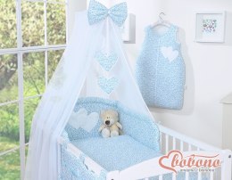 Bobono Duża moskitiera do łóżeczka dziecięcego z białego szyfonu z serduszkami i kokardką-łączka niebieska