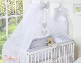 Bobono Duża moskitiera do łóżeczka dziecięcego z białego szyfonu z serduszkami i kokardką - szare zawieszki