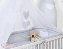 Bobono Duża moskitiera do łóżeczka dziecięcego z białego szyfonu z serduszkami i kokardką - szare zawieszki