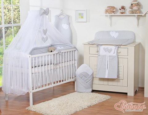 Bobono Duża moskitiera do łóżeczka dziecięcego z białego szyfonu z serduszkami i kokardką - szare zawieszki