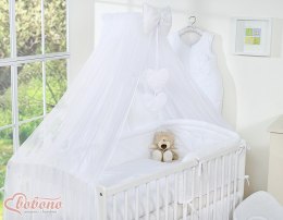 Bobono Duża moskitiera do łóżeczka dziecięcego z szyfonu z wiszącymi serduszkami i kokardką - biała