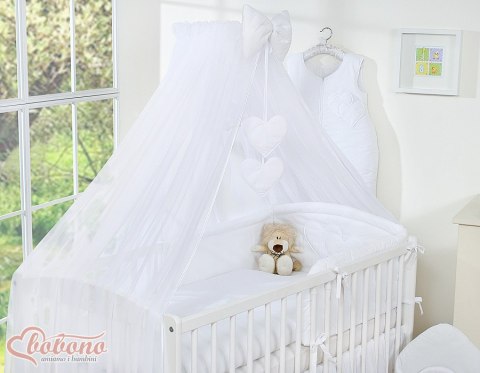 Bobono Duża moskitiera do łóżeczka dziecięcego z szyfonu z wiszącymi serduszkami i kokardką - biała