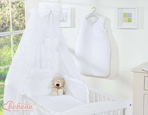 Bobono Duża moskitiera do łóżeczka dziecięcego z szyfonu z wiszącymi serduszkami i kokardką - biała