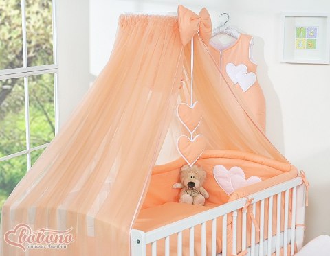 Bobono Duża moskitiera do łóżeczka dziecięcego z szyfonu z wiszącymi serduszkami i kokardką - brzoskwiniowa