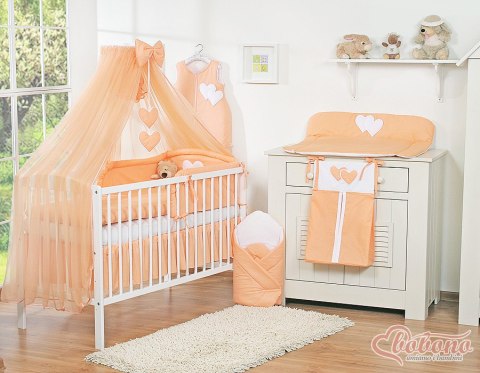 Bobono Duża moskitiera do łóżeczka dziecięcego z szyfonu z wiszącymi serduszkami i kokardką - brzoskwiniowa