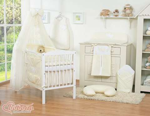 Bobono Duża moskitiera do łóżeczka dziecięcego z szyfonu z wiszącymi serduszkami i kokardką - kremowa