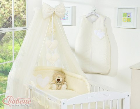 Bobono Duża moskitiera do łóżeczka dziecięcego z szyfonu z wiszącymi serduszkami i kokardką - kremowa
