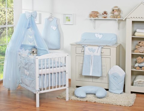 Bobono Duża moskitiera do łóżeczka dziecięcego z szyfonu z wiszącymi serduszkami i kokardką - niebieska