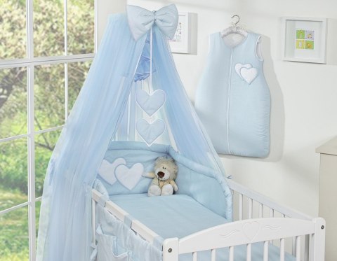 Bobono Duża moskitiera do łóżeczka dziecięcego z szyfonu z wiszącymi serduszkami i kokardką - niebieska