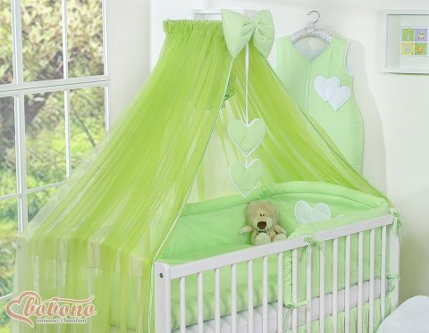 Bobono Duża moskitiera do łóżeczka dziecięcego z szyfonu z wiszącymi serduszkami i kokardką - zielona