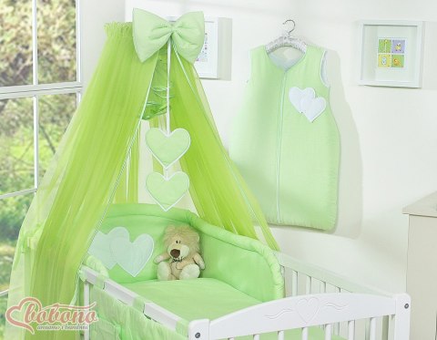 Bobono Duża moskitiera do łóżeczka dziecięcego z szyfonu z wiszącymi serduszkami i kokardką - zielona