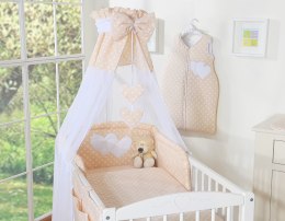 Bobono Pościel 5-cz 120x90 z baldachimem - Wiszące Serduszka białe grochy na beżu