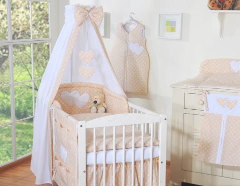 Bobono Pościel 5-cz 120x90 z baldachimem - Wiszące Serduszka białe grochy na beżu