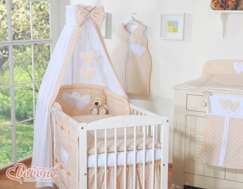 Bobono Pościel 5-cz 120x90 z baldachimem - Wiszące Serduszka białe grochy na beżu