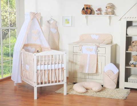 Bobono Pościel 5-cz 120x90 z baldachimem - Wiszące Serduszka białe grochy na beżu