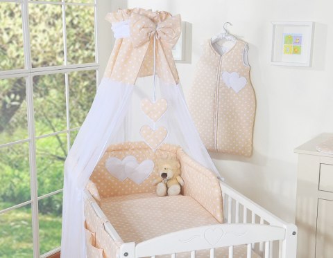 Bobono Pościel 5-cz 120x90 z baldachimem - Wiszące Serduszka białe grochy na beżu