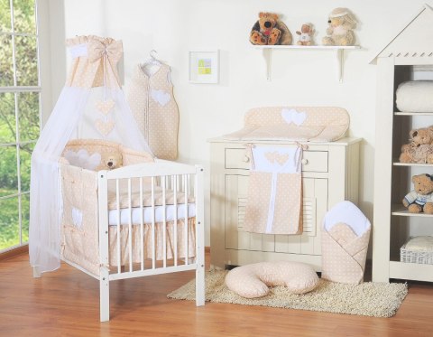 Bobono Pościel 5-cz 120x90 z baldachimem - Wiszące Serduszka białe grochy na beżu