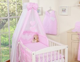 Bobono Pościel 5-cz 120x90 z baldachimem - Wiszące Serduszka białe grochy na różowym