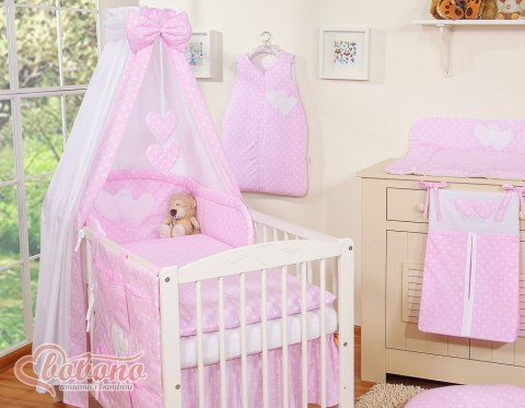 Bobono Pościel 5-cz 120x90 z baldachimem - Wiszące Serduszka białe grochy na różowym