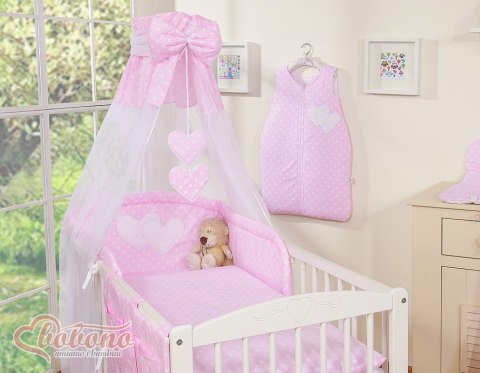 Bobono Pościel 5-cz 120x90 z baldachimem - Wiszące Serduszka białe grochy na różowym