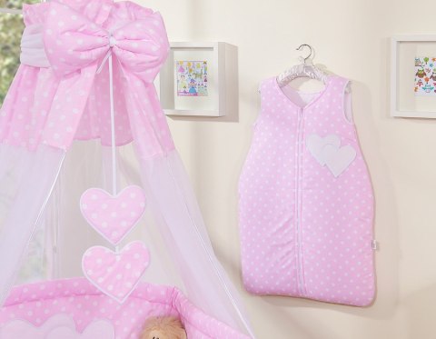 Bobono Pościel 5-cz 120x90 z baldachimem - Wiszące Serduszka białe grochy na różowym