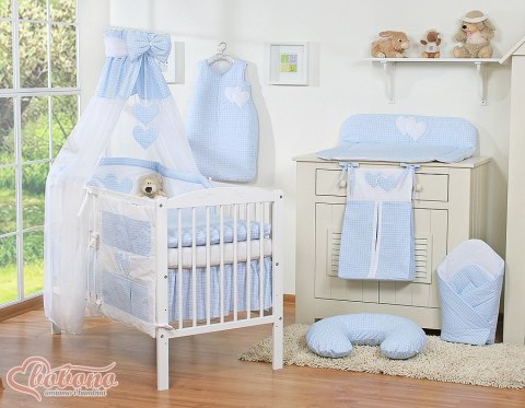 Bobono Pościel 5-cz 120x90 z baldachimem - Wiszące Serduszka kratka niebieska