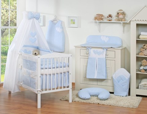 Bobono Pościel 5-cz 120x90 z baldachimem - Wiszące Serduszka kratka niebieska