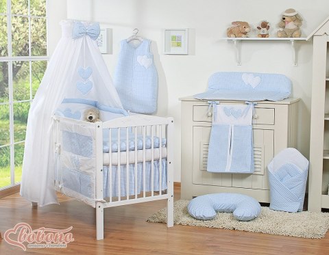 Bobono Pościel 5-cz 120x90 z baldachimem - Wiszące Serduszka kratka niebieska