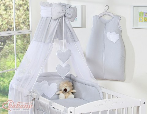 Bobono Pościel 5-cz 120x90 z baldachimem - Wiszące Serduszka szare