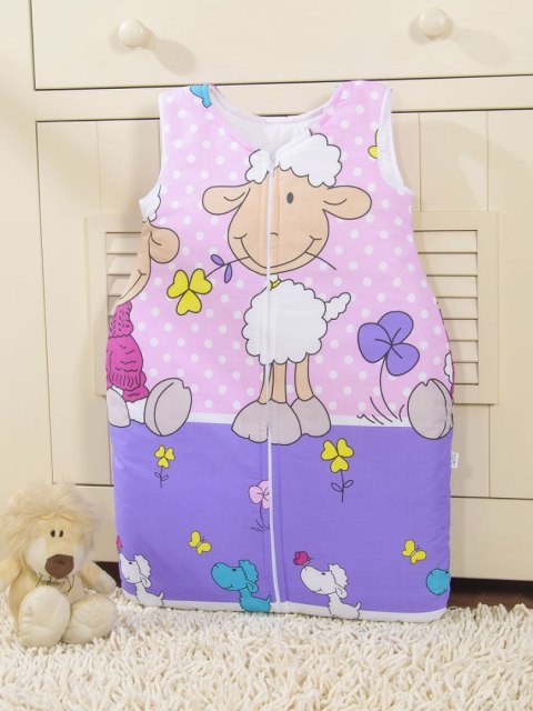 Bobono Śpiworek dla dzieci bawełniany M 6-12 mcy TOG 2.5 całoroczny ocieplany owieczki fioletowo-różowe