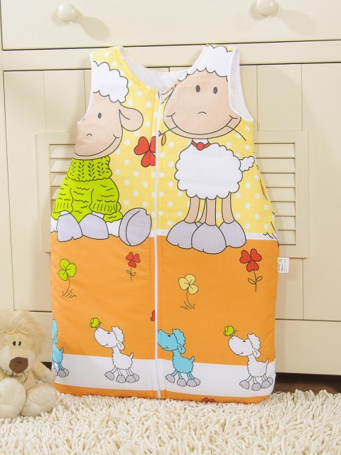 Bobono Śpiworek dla dzieci bawełniany M 6-12 mcy TOG 2.5 całoroczny ocieplany owieczki pomarańczowo-żółte