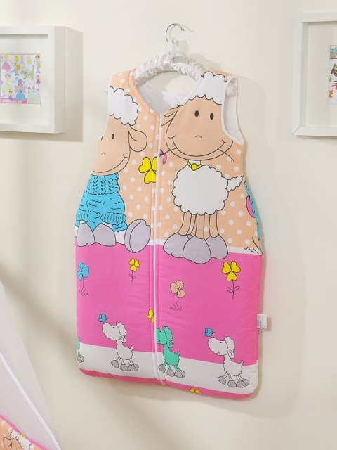 Bobono Śpiworek dla dzieci bawełniany M 6-12 mcy TOG 2.5 całoroczny ocieplany owieczki różowo-beżowe