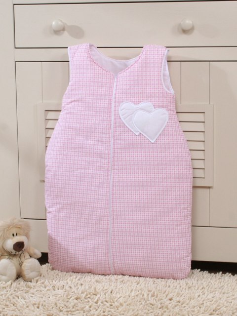 Bobono Śpiworek dla dzieci bawełniany M 6-12 mcy TOG 2.5 całoroczny ocieplany serduszka kratka różowa