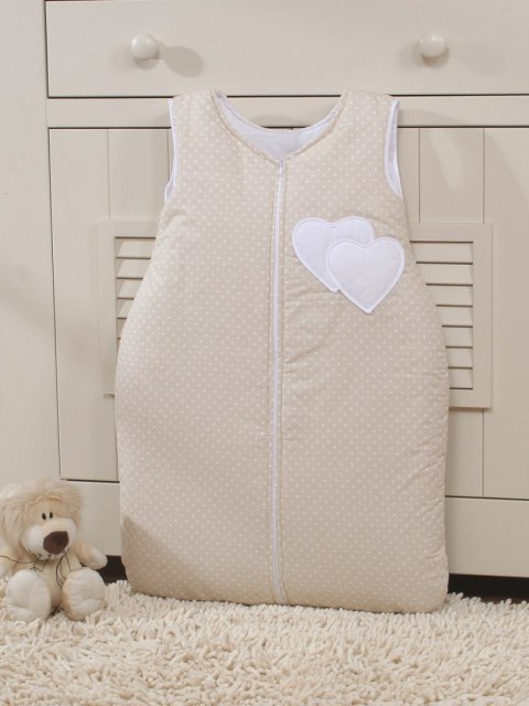 Bobono Śpiworek dla dzieci bawełniany M 6-12 mcy TOG 2.5 całoroczny ocieplany serduszka kropki na beżu