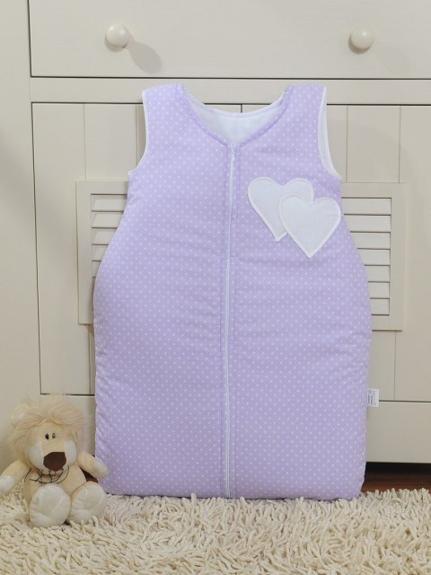 Bobono Śpiworek dla dzieci bawełniany M 6-12 mcy TOG 2.5 całoroczny ocieplany serduszka kropki na fiolecie