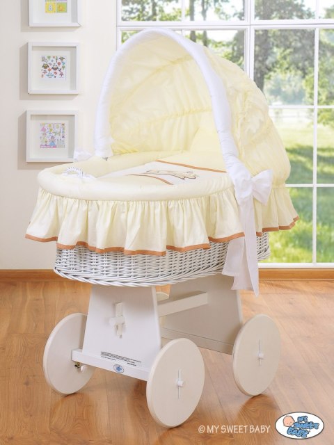 My Sweet Baby Kosz Mojżesza z budką- Miś Barnaba biały + kremowo-biała pościel z haftem