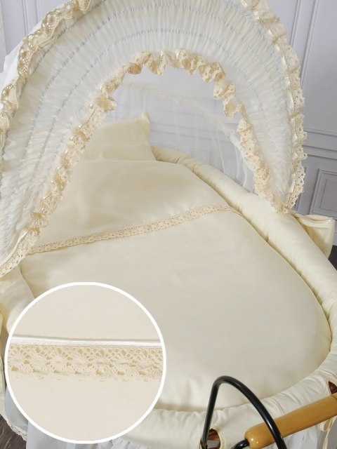 My Sweet Baby Luxury Wiklinowy kosz Mojżesza Retro ze składaną budką Elisa - naturalny + kremowa pościel z koronką