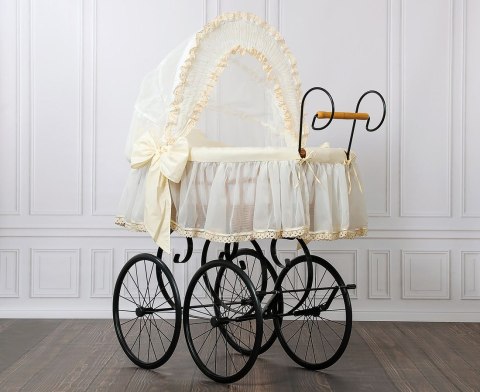 My Sweet Baby Luxury Wiklinowy kosz Mojżesza Retro ze składaną budką Elisa - naturalny + kremowa pościel z koronką