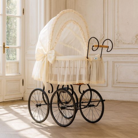 My Sweet Baby Luxury Wiklinowy kosz Mojżesza Retro ze składaną budką Elisa - naturalny + kremowa pościel z koronką