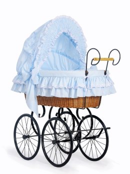 My Sweet Baby Luxury Wiklinowy kosz Mojżesza Retro ze składaną budką Victoria - naturalny + niebieska pościel z koronką