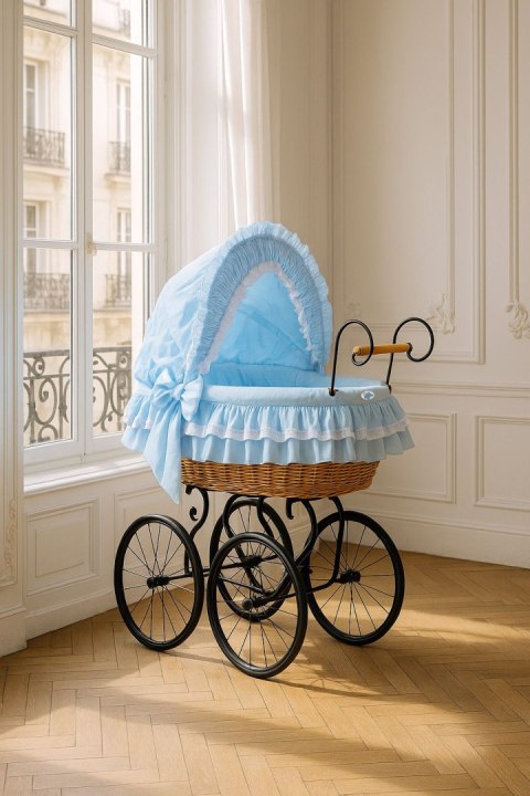 My Sweet Baby Luxury Wiklinowy kosz Mojżesza Retro ze składaną budką Victoria - naturalny + niebieska pościel z koronką