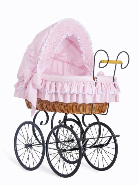 My Sweet Baby Luxury Wiklinowy kosz Mojżesza Retro ze składaną budką Victoria - naturalny + różowa pościel z koronką