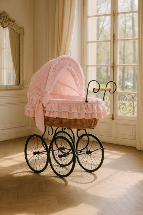 My Sweet Baby Luxury Wiklinowy kosz Mojżesza Retro ze składaną budką Victoria - naturalny + różowa pościel z koronką