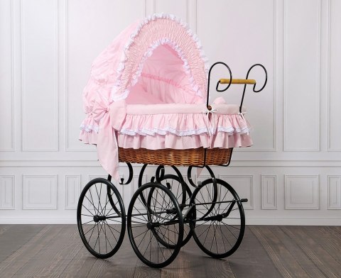 My Sweet Baby Luxury Wiklinowy kosz Mojżesza Retro ze składaną budką Victoria - naturalny + różowa pościel z koronką