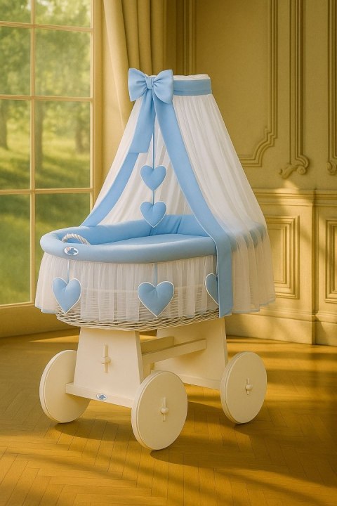 My Sweet Baby Wiklinowy kosz Mojżesza z baldachimem Amelia - biały + niebieska pościel