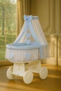 My Sweet Baby Wiklinowy kosz Mojżesza z baldachimem Amelia - biały + niebieska pościel