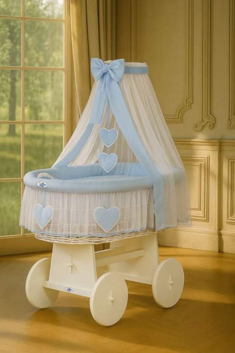 My Sweet Baby Wiklinowy kosz Mojżesza z baldachimem Amelia - biały + niebieska pościel